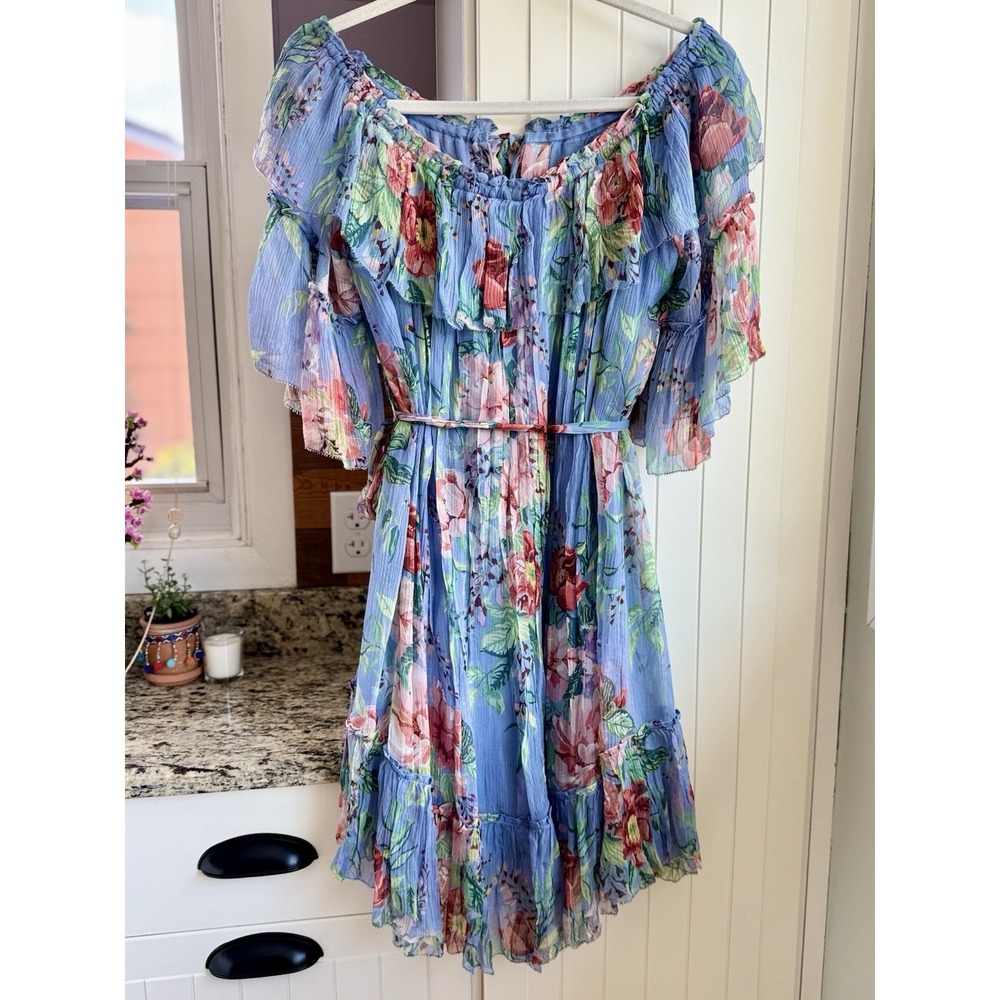 Zimmermann Winsome Sky Sunbleach Floral 100% Silk Ruffle Mini Dress Size 2 M 6/8 - Picture 4 of 16